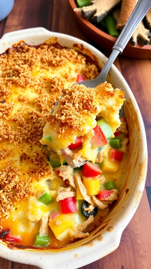 A hearty homemade casserole with chicken, vegetables, and cheese, topped with breadcrumbs, in a rustic baking dish.